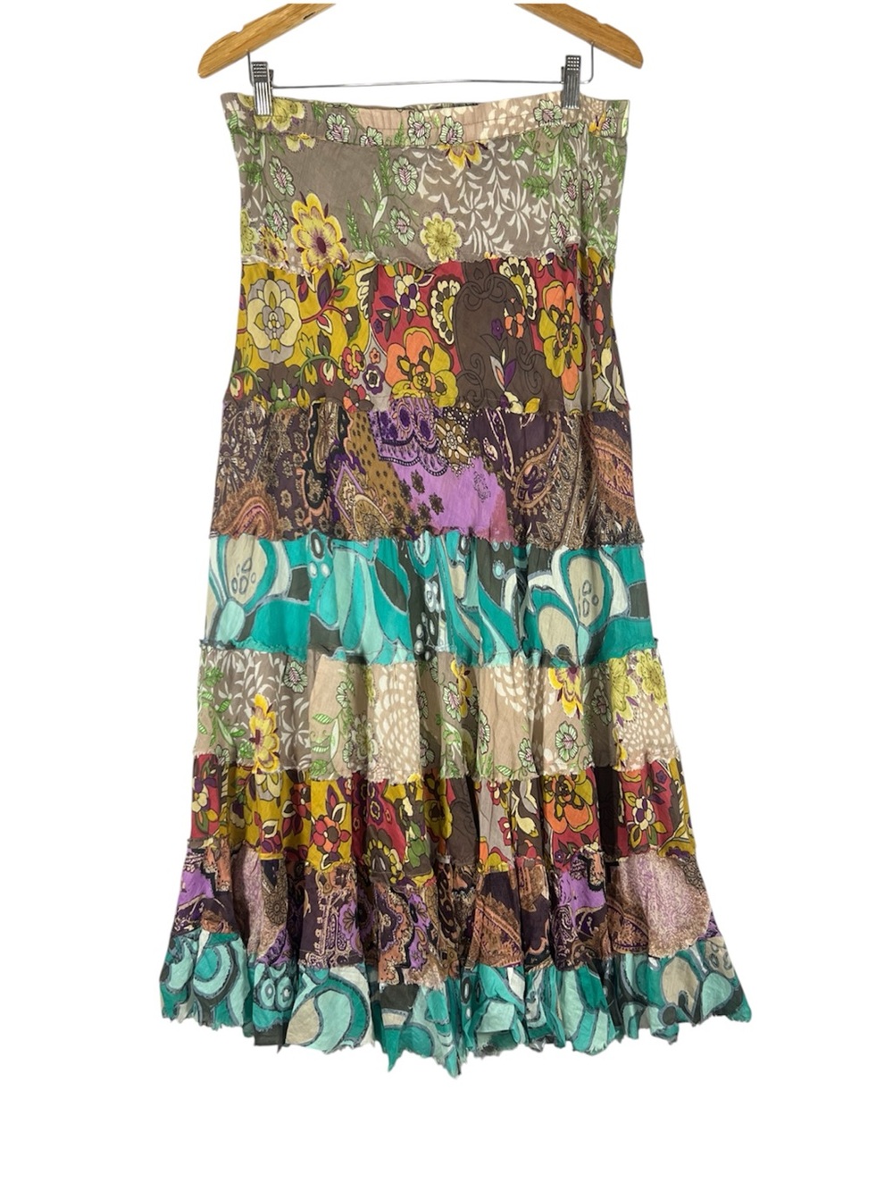 Planet Gold Tiered Mixed Media Hippie Festival Boho Maxi Skirt Cotton Medium